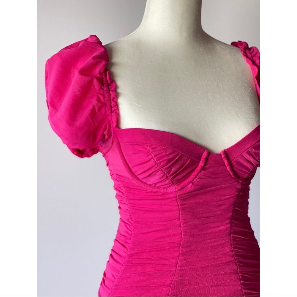 Oh Polly Ruched Midi Dress in Hot Pink